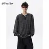 Camiseta de Manga Larga a Rayas Retro de Dos Piezas Falsas de Alta Calle Americana de Moda para Hombres y Mujeres Otoño Holgada Casual con Cuello Henley