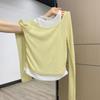 Jinbukang Doce Spice Girls Amarelo Leite Falso Duas Peças Camiseta de Manga Longa Feminina Outono Inicial Estilo Coreano Top Bonita Camiseta Base Interna