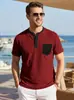 Camiseta Masculina Shein Transfronteiriça de Tricô Waffle com Gola Henley e Bolsos Color Block, Caimento Casual Solto, Tamanho Grande, Manga Curta de Exportação