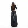 Pantalones Retro de Pierna Ancha Azul Profundo para Mujer, Elegantes Pantalones de Mezclilla Sueltos Estilizados Lavados que Adelgazan, Pantalones Largos Azul Grisáceos, Pantalones Azul Grisáceos Extra Largos