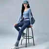 Conjunto de Yoga Color Block Estilo Coreano para Mulheres, Top com Gola Quadrada e Buraco para Polegar, Cintura Alta Controle de Barriga Emagrecimento, Roupa Fitness Outerwear para Uso Diário para Mulheres