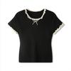 Pure Desire Estilo Lace Bow Hollow Knitted Shoulder Short-sleeved T-shirt Women's Summer New Slim-fit Short Top