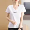 Plus size V-neck bordado letras cor sólida T-shirt feminina meia manga primavera e verão novo mercerizado algodão emagrecimento commuter base manga curta