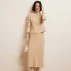 Traje de Cachemira 2026 Otoño/Invierno Nuevo para Mujer Cardigan de Punto Abotonado de Doble Capa de Cuello Redondo Corto y Conjunto de Falda