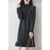 Nuevo Vestido Jersey de Punto Plano para Base Doble Cuello Alto Medio Largo Falda de Lana con Dobladillo de Cola de Pez