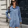 Vestido-camisa jeans lavado de novo estilo com lapela e bolsos para mulheres, comércio exterior transfronteiriço europeu e americano do eBay, site independente da Amazon