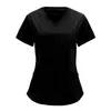 Ropa de Trabajo Estilo Enfermera Europea y Americana Transfronteriza Camisa de Color Puro Cuello en V Pantalones con Bolsillo Grande de Solapa Camiseta de Manga Corta Talla Estándar/Talla Grande para Mujer