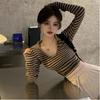 Camiseta de Raya de Cintura Alta con Efecto Adelgazante, Camiseta Básica Elegante Sexy con Cuello en U para Mujeres, Top Sexy de Manga Larga que Muestra el Ombligo para Mujeres