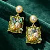 Estilo Vintage Retro Francés Hong Kong Monet Medieval Clip para Oreja Pendientes de Perla Pendientes Verdes Joyería Femenina para Orejas