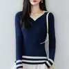 Suéter de tricô 100% algodão com gola polo color-blocking estilo francês para mulheres, novo modelo 2026, camisa base com gola de lapela, suéter que rejuvenesce