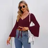 Aliexpress Europeu e Americano Feminino Novo Estilo Gola V Manga Flare Sexy Amarração Top Cropped Top de Manga Longa Jr923