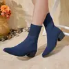 Botines de tobillo ajustados estilo europeo y americano para mujer talla grande 2025, botines cortos de tacón alto, botines sencillos de punto para otoño e invierno, zapatos de tacón grueso con punta cuadrada, botines para mujer
