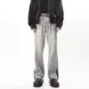 Jeans de hombre estilo callejero americano con cremallera y abertura, marca de moda versátiles de corte recto holgado ligeramente acampanados con borde crudo de pierna ancha largos