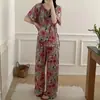Pijama de algodón y seda para mujer con estampados estilo chino, ropa de casa de algodón y seda con cordones, elegante y sofisticado, conjunto fino de manga corta