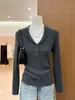 Suéter de Punto de Manga Larga Color Marrón Té con Cuello de Canalé Estilo Old Money para Mujer, Otoño, Impresionante y Holgado Adelgazante