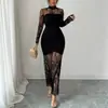 Vestido de mujer de Amazon transfronterizo elegante con retazos de encaje negro, cuello alto, manga larga, transparente, ajustado, bodycon