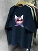 Camiseta de Manga Corta 100% Algodón Puro para Verano, Elegante y Personalizada, con Lindo Estampado de Gato de Dibujos Animados, Top Chic Adelgazante para Usar por Encima
