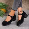 Zapatos Mary Jane de Gamuza con Correa Única, Tacón Grueso y Punta Redonda, Estilo Nuevo Invierno 2025, con Abalorios, Directo del Fabricante para Exportación, Zapatos para Mujer Transfronterizos