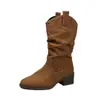 Botas western cowboy empilhadas estilo retrô para mulheres, coleção outono 2026, botas curtas de salto alto grosso, botas de moda emagrecedoras para pessoas baixinhas