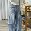 Jeans anchos de mezclilla azul claro texturizados bordados para mujer, nuevo de otoño, cintura alta, holgados, adelgazantes, con caída, pantalones de largo hasta el suelo