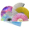 Leque dobrável colorido a laser suporta gravação personalizada serigrafia bambu madeira plástico osso do leque opcional à prova d'água resistente a arranhões luz e sombra holográfica