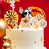 Decoración de Pastel de Cachorro Lindo Método de Decoración Pelea de Perros Manchas Blancas y Negras Decoración de Perro con Cascabel Flor de Girasol Abanico de Papel Tarjeta de Flor