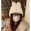 Sombrero de Cubo Peludo Blanco Lindo con Orejas de Conejo para Mujer, Sombrero Cálido de Invierno que Hace que la Cara Parezca Más Pequeña, Dulce Sombrero de Punto para Proteger las Orejas