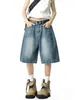 Bermuda Jeans Wide-Leg Americana para Mulheres, Shorts Vintage Desgastado High Street de Verão, Calça Wide-Leg Reta de Marca Tendência.