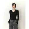 Camiseta de Manga Larga con Cuello en V Fruncido para Mujer, Primavera y Otoño, Ceñida a la Cintura, Top Básico Ajustado