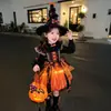 Ropa Infantil de Halloween Niñas Vestido de Princesa Cosplay Bruja Falda de Calabaza Falda Luminosa Atuendo para Fiesta de Cumpleaños de Niñas