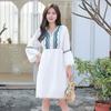 2023 Nuevo Estilo de Verano Estilo Étnico Algodón y Lino Bordado Cintura Suelta Vestido Casual Viaje Ropa Étnica