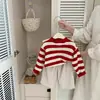 Colección de otoño e invierno: suéter retro a rayas rojas y blancas para niños, ropa de bebé, atuendo de otoño, top de punto a cuadros para bebé, top estilo coreano