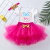 Nova Roupa de Verão para Crianças de 0-2 Anos Roupa de Bebê com Manga Curta Estampada de Desenho Animado Conjunto de Três Peças com Saia Tule de Rede