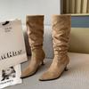 691-15 Botas Largas de Pierna Gruesa y Pantorrilla Ancha, de Tacón Alto, Punta Fina, Caídas, Botas de Montar Melard, Calzado para Mujer de Tallas Grandes