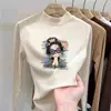 Camada base estampada para meninas, fleece dupla face, outono/inverno, gola alta, manga longa, camiseta interna estilosa e quente para crianças maiores
