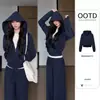 Conjunto de moletom curto azul marinho para mulheres, início do outono, jaqueta com capuz que afina a cintura, roupa esportiva casual