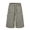 Shorts de Trabajo de Diseño Vintage Lavado Retro Americano con Múltiples Bolsillos, Pantalones de Leñador Sueltos de Pierna Ancha, de Tres Cuartos