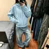 Sudadera con capucha y hombros caídos estilo retro americano azul para hombre y mujer, otoño, holgada, moderna, marca, pareja, top casual