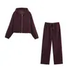 ZA popular roupa feminina elástica moda transfronteiriça AliExpress calça de cintura elástica moletom com capuz europeu e americano top marrom-avermelhado