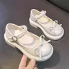 Sapatos Mary Jane de Couro para Meninas, Estilo Primavera e Outono, Sapatos de Solado Macio com Laço de Pérola, Sapatos de Princesa Lolita, Sapatos de Performance para Crianças