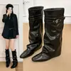 2026 bico quadrado estilo moderno tendência salto baixo botas longas botas botas de montaria femininas outono inverno cano couro empilhado fivela sensação larga