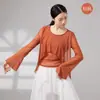 Top de baile holgado para mujer con cuello redondo, panel frontal de malla y diseño fluido, adecuado para la práctica de danza clásica china para adultos.