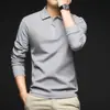 Camisa Polo de Cor Pura com Manga Longa para Homem Outono Novo Gola Lapela Simples Casual de Negócios Camisa Básica T-Shirt para Homem