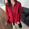 Moda Europea de Otoño e Invierno Casual Color Sólido Solapa con Cremallera Suelto Suave Suéter de Punto Top con Chaqueta