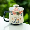 Taza de Cerámica Blanca de Roca Mineral de Fábrica con Separador de Agua para Té, Taza Mug Linda con Tapa, Flor de Amor Mariposa, Gato, Taza de Té Individual