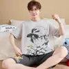 Pijama Masculino de Verão, Shorts de Manga Curta, Estilo Cartoon Solto para Estudantes Plus Size, Conjunto Casual para Casa Juvenil