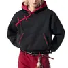Sudadera con capucha de punto nueva de otoño e invierno estilo chino, con botones diagonales, colores contrastantes, corte holgado, diseño simple y un toque de moda moderna