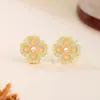 Novos Brincos de Flor em Prata 925 com Esmalte e Zircônia Estilo Chinês com Toque de Alto Padrão, Joia de Orelha Pétala Vintage de Nicho
