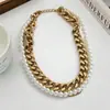 Colar de Corrente Multicamadas Estilo Metal Europeu e Americano com Pérolas Redondas, Corrente de Clavícula de Luxo Leve de Nicho, Acessório Personalizado Tendência
