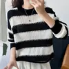 Suéter de punto de algodón puro, modelo nuevo Primavera 2026, cuello redondo retro, estilo coreano, manga larga, hueco, holgado, color versátil, bloques de color, a rayas, para mujer